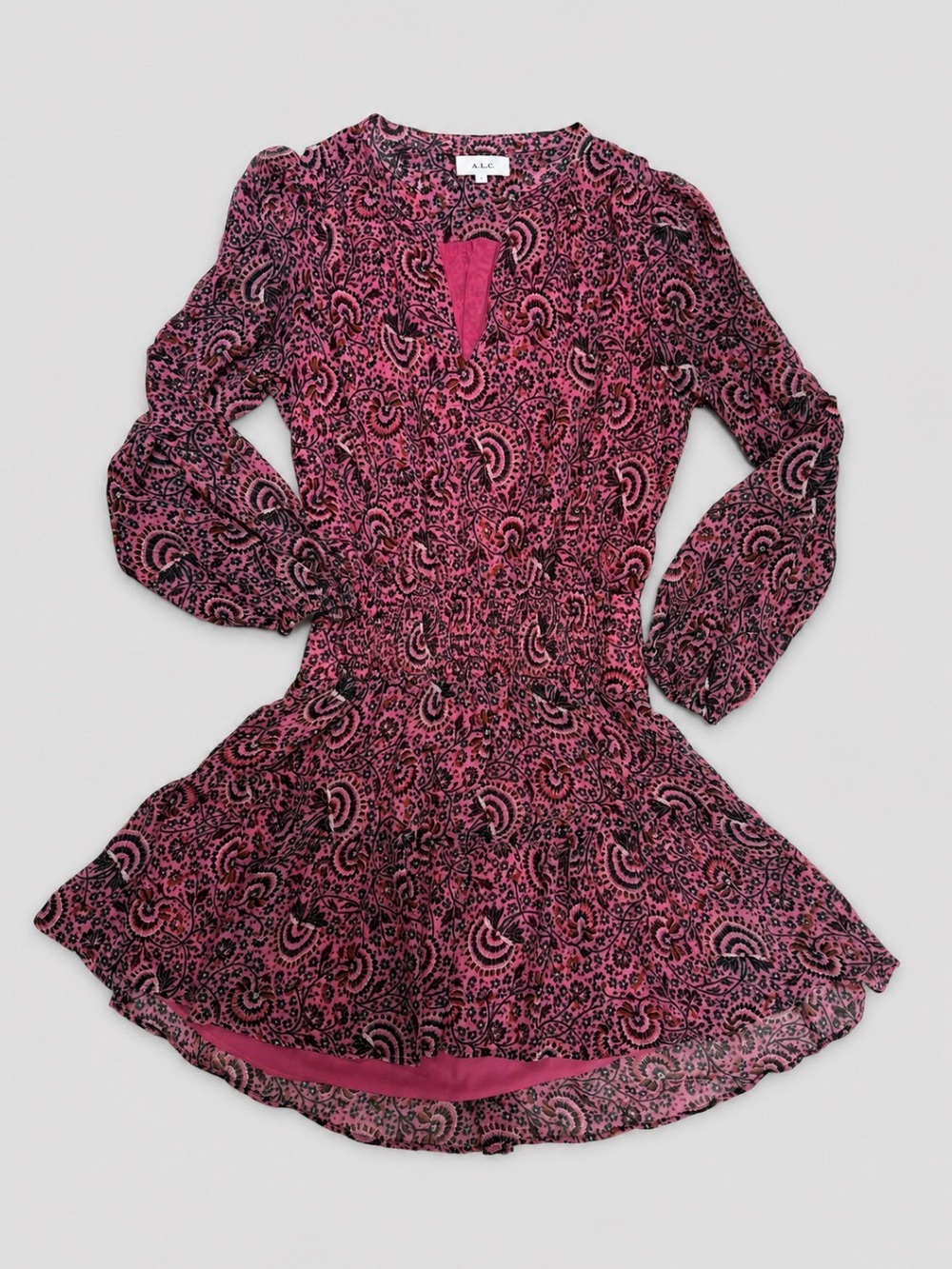 A.L.C. Pink Paisley Silk Dress Sz 8 Keyhole Neck Smocked Waist